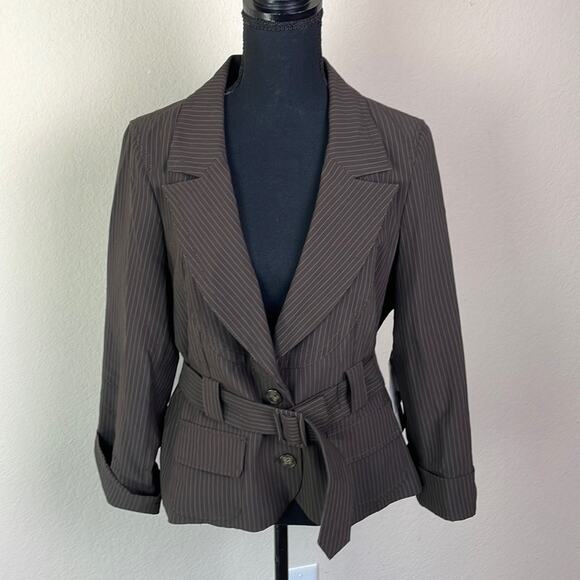 New! Kenneth Cole Reaction pinstripe chocolate brown belted blazer women’s 14 - Picture 1 of 13